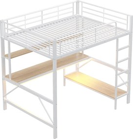 Łóżko antresolowe 140x200 cm z oświetleniem USB i LED, półkami i biurkiem, białe – bez materaca