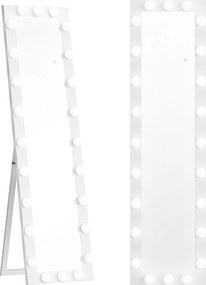 HOMCOM Lustro całopostaci 150x40 cm Lustro LED z 24 żarówkami 3 barwy światła, wolnostojące, do oparcia lub montażu na ścianie Biały | Aosom PL