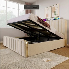 Łóżko tapicerowane dwuosobowe ze schowkiem - 180 x 200 cm - z zagłówkiem + portem USB + hydraulicznym schowkiem - len - beż