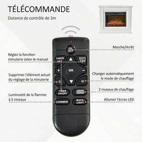 HOMCOM Elektryczny kominek, 3D LED płomienie, pilot, timer, MDF, Biały