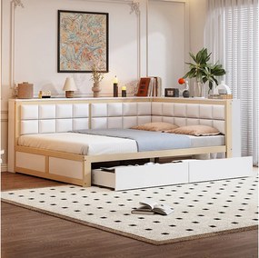 Sofa dziecięca rozkładana - 140 x 200 cm - z miękkim oparciem + duża szuflada - drewno - naturalne