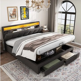 Łóżko ze schowkiem, 2 szufladami i wysuwanym zagłówkiem - 180 x 200 cm - LED - Stal i len - dla dorosłych - Szare