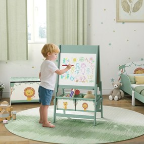 AIYAPLAY Dziecięca tablica 3-w-1 z tablicą kredową, białą tablicą, papierową rolką, 2 koszami, dla dzieci 3-8 lat, zielona | Aosom PL