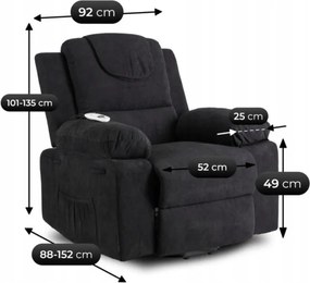 Fotel Masujący FENIX z Funkcją Wstawania Elektrycznie Rozkładany Czarny Nowoczesny