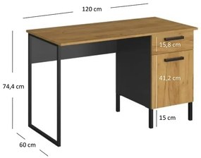 Industrialne biurko z szufladą i półką dąb craft złoty - Opes 7X