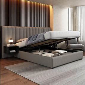 Łóżko ze schowkiem 160 x 200 cm z dużym wezgłowiem i 2 szafkami nocnymi - Tkanina lniana - Szary + czarny (bez materaca)