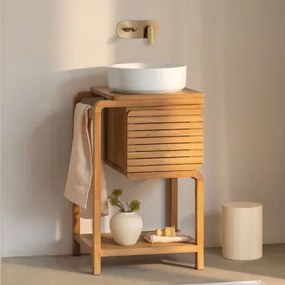 Zestaw Mebli Łazienkowych Z Drewna Tekowego Bradley Okrągły Ceramiczny Biały Ø40 Cm Lenka & Bezlusterkowiec & Szczotkowane Złoto Do Zabudowy Z Zaworem