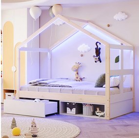 Łóżko drewniane dla dzieci - 90 x 190 cm - z szufladami + mała szafka na buty + diody LED - w kształcie domku - naturalne