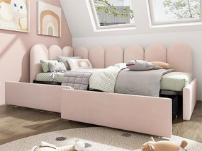 Łóżko z kanapą z 2 szufladami - materiał aksamitny - 90x200 cm - z stelażem na listwy - Różowy