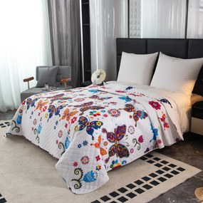 Narzuta na łóżko KOLOROWE MOTYLE biała Rozmiar: 170 x 210 cm