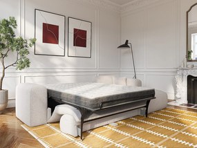 Kanapa narożna duża prawostronna  rozkładana  z melanżowej tkaniny beżowej - Materac 16 cm z pamięcią kształtu POGNI