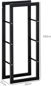 HOMCOM Stojak na drewno kominkowe Półka na drewno Pojemnik na drewno opałowe 100 kg Stal Czarny dł. 40 x szer. 25 x wys. 100 cm