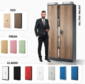 Szafa na dokumenty biurowa metalowa antracytowa/ orzech: Eco Design JAN H, 900 x 1950 x 400 mm