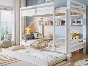 Łóżko piętrowe 90x200cm - z łóżkiem wysuwanym - z półkami i drabiną - Drewno lite + MDF - Biały (bez materaca)