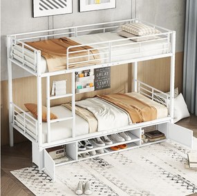 Łóżko piętrowe 90x200 cm - z półkami na buty - biały metal - bez materaca