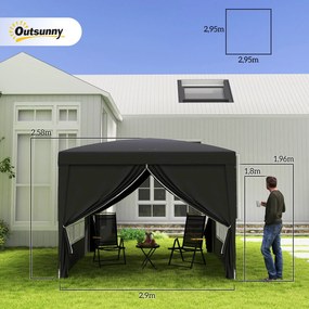 Outsunny Pawilon 3 x 3 m z 4 bocznymi ścianami, oknami, namiot festynowy z ochroną UV, namiot ogrodowy w zestawie z torbą, stal, czarny