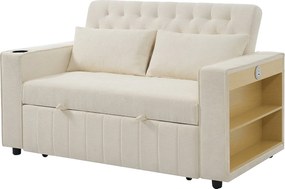 Sofa z funkcją rozkładania - Sofa do salonu z uchwytem na kubek i portem ładowania USB - półka do przechowywania - beżowa tkanina szenilowa