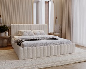 Emporius Billo łóżko tapicerowane 160x200 cm - łóżko dwusobowe, pojemnik i stelażem w zestawie - nowoczesne łóżko 160 x 200 - boucle, łóżko kremowe (Anthology 1)