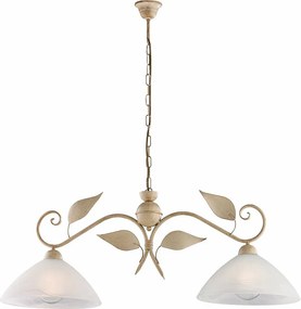 Żyrandol z żelaza w kolorze kości słoniowej, dekor stare złoto, klosze z białego alabastru Ø30 cm, 2 światła, 96x30 cm