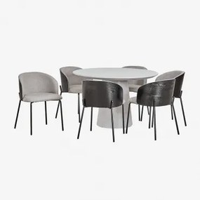 Zestaw Okrągłego Stołu Ø120 Cm Z Cementu Noemi I 6 Tapicerowanych Krzeseł Do Jadalni Z Drewna Amieva Sand Grey - Sklum
