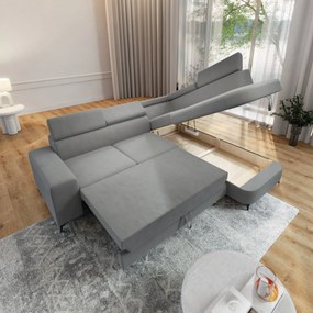 Masseno Narożnik ALVORO z funkcją spania i pojemnikiem na pościel Narozniki L, Rozkładana sofa - Jasnoszary, MATT VELVET 83