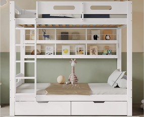 Łóżko piętrowe 90x200 cm - z 2 szufladami - z otwartymi półkami - Drewno lite + MDF - Białe (bez materaca)