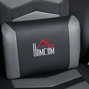 HOMCOM Fotel do gier z funkcją masażu, regulowane oparcie, podnóżek, do 120 kg, konstrukcja stalowa, Skóra Ekologiczna, Szary