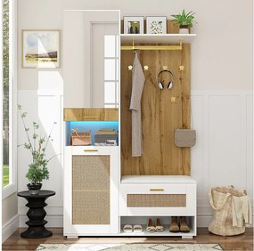 Szatnia z lustrem - 110 x 38 x 190 cm - z szafką na buty + wieszakiem + diodami LED - MDF - biała