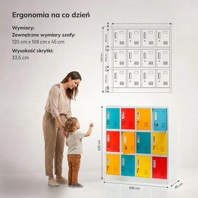 Socjalna szafa skrytkowa BHP do szkół i przedszkoli OLA, 1090 x 1200 x 450 mm, szaro-wielokolorowa