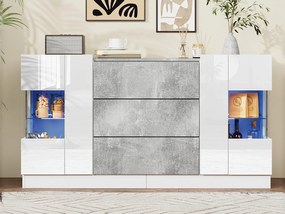 Bufet z LED - 2 drzwi i 3 szuflady - błyszcząca biała fasada i szary marmurowy wygląd - Biały