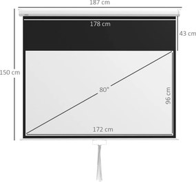 HOMCOM Ekran Projekcyjny, incl. Stojak, Montaż Ścienno-Sufitowy, Proporcje 16:9, 172x96 cm, Biały