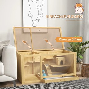 PawHut Klatka dla małych zwierząt z drewna świerkowego z akcesoriami i poidełkiem 100x50x50 cm naturalna | Aosom PL