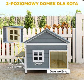 PawHut Domek dla kotów z drewna 2-poziomowa kryjówka z wodoodpornym, otwieranym dachem, boczną platformą, 101x72,5x81cm, Szary | Aosom PL