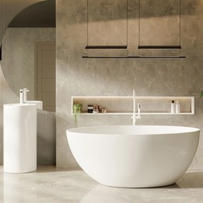 Zestaw KALMI z konglomeratu w kolorze białym błyszczącym wanna wolnostojąca i umywalka wolnostojąca z konglomeratu