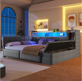 Sofa dziecięca rozkładana - 140 x 190 cm - z 2 szufladami + porty USB i Type-C + półka + ławka ze schowkiem + diody LED - welur - ciemnoszary