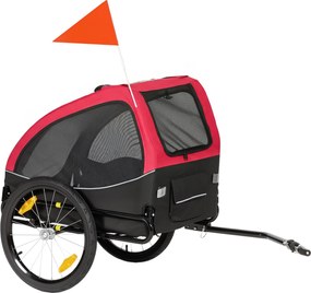 PawHut Przyczepka rowerowa składana z odblaskami oknami z siatki kołami drzwiami i chorągiewką, do 20 kg, 138x70x89 cm, czerwona | Aosom PL