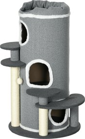 PawHut Drapak dla Kota, 2 Kocie Jaskinie, 4 Platformy, 4 Słupy do Drapania, 57 cm x 57 cm x 99 cm, Szary + Biały