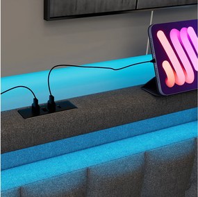 Łóżko z 2 szufladami 90x200cm tapicerowane lnem - z funkcją ładowania i oświetleniem LED - Szare