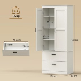 HOMCOM Kredens kuchenny w stylu wiejskim, wysoka szafka spiżarniana z regulowanymi półkami i 2 szufladami, kremowo-biała | Aosom PL