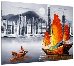 Obraz - Victoria Harbor, Hongkong, czarno-biały obraz olejny (70x50 cm)