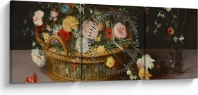 Obraz - Jan Brueghel the Elder, Flowers in a Basket and a Vase, reprodukcje (z zegarem) (90x30 cm)