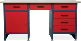 Szeroki stół warsztatowy z szafką i szufladami Frank antracytowo-czerwony