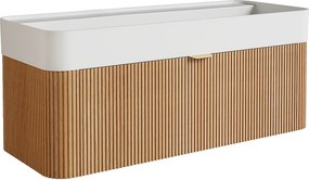 Wisząca szafka łazienkowa z prążkowanego drewna jesionowego z umywalką podblatową do zabudowy z żywicy w kolorze matowej bieli - Jasny naturalny - 100 cm - BULMAS