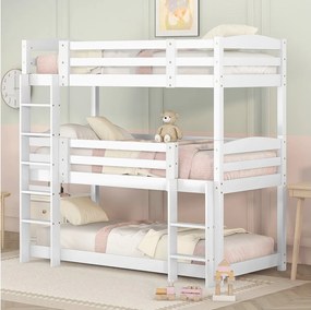 Łóżko piętrowe dziecięce 3-osobowe - 3 x 90 x 200 cm - drewno + MDF - białe
