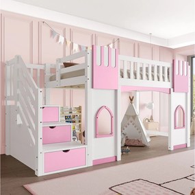 Łóżko piętrowe dla dzieci - 90 x 200 cm - ze schodkami do przechowywania i oknem - drewno + MDF - białe + różowe