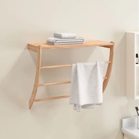 Wieszak na ręczniki z litego drewna orzechowego 60x25,5x49 cm z 3 prętami i półką, wykończenie olejowane, rustykalny zakrzywiony design