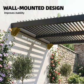Outsunny Pergola ok. 3x3 m aluminiowa zadaszenie tarasu z regulowanym dachem lamelowym montaż na ścianie ciemnoszara | Aosom PL