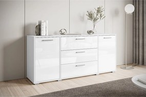 Nowoczesna komoda 150 cm do salonu – 3 szuflady i 2 szafki, korpus biały mat, fronty białe połysk
