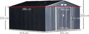 Outsunny Szopa Ogrodowa, Wodoodporny Domek na Narzędzia Ogrodowe, z Oknami Wentylacyjnymi, Drzwiami Przesuwnymi, Stal, Węgielny Szary