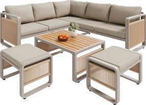 Salon ogrodowy, zestaw mebli na 6-7 osób - lin - kanapa narożna - z żelaza ocynkowanego - stolik kawowy - 2 taborety, Beżowy